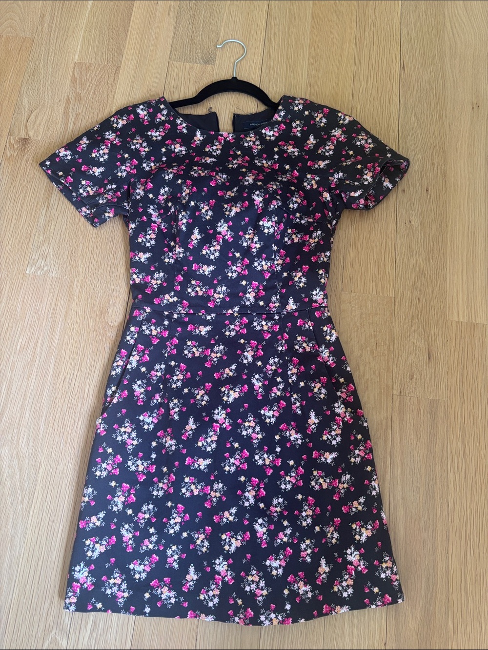 French Connection Black Mini Dress with Pink and White Floral Print